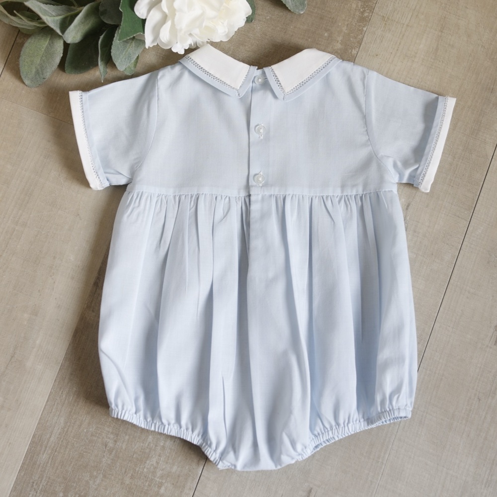 Button Front Dot Creeper Romper Blue Feltman Brothers Portrait Special Occasion - Picture 3 of 5